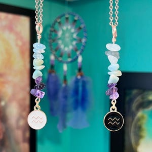 Aquarius Crystal Necklace: Rose Gold Wire Wrapped Zodiac Jewelry