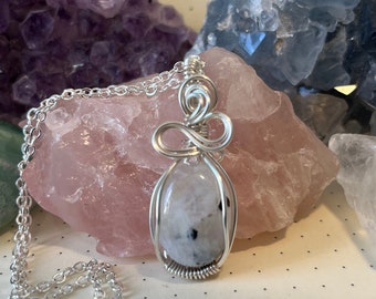 Moonstone Tourmaline Necklace | Wire Wrapped Crystal Healing Pendant with Chain | Growth ~ Grounding ~ Uplifting