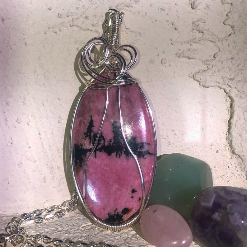 Wire Wrapped pendant Rhodonite Crystal necklace Crystal Healing