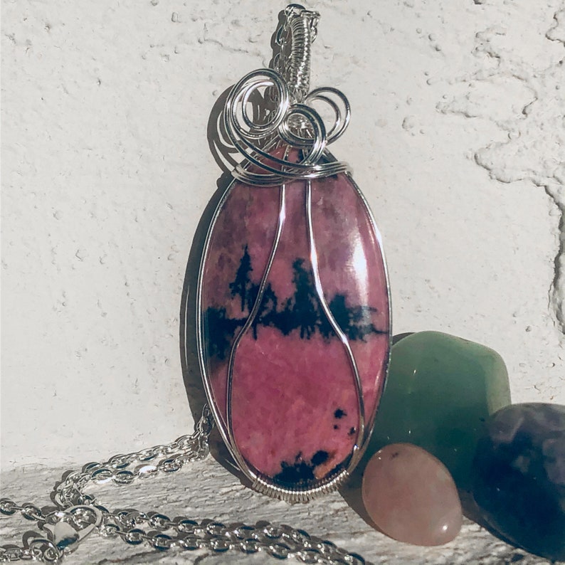 Wire Wrapped pendant Rhodonite Crystal necklace Crystal Healing
