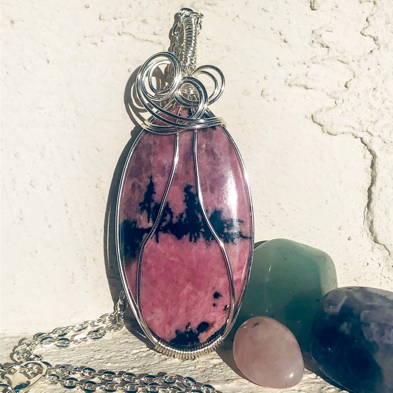 Wire Wrapped pendant Rhodonite Crystal necklace Crystal Healing