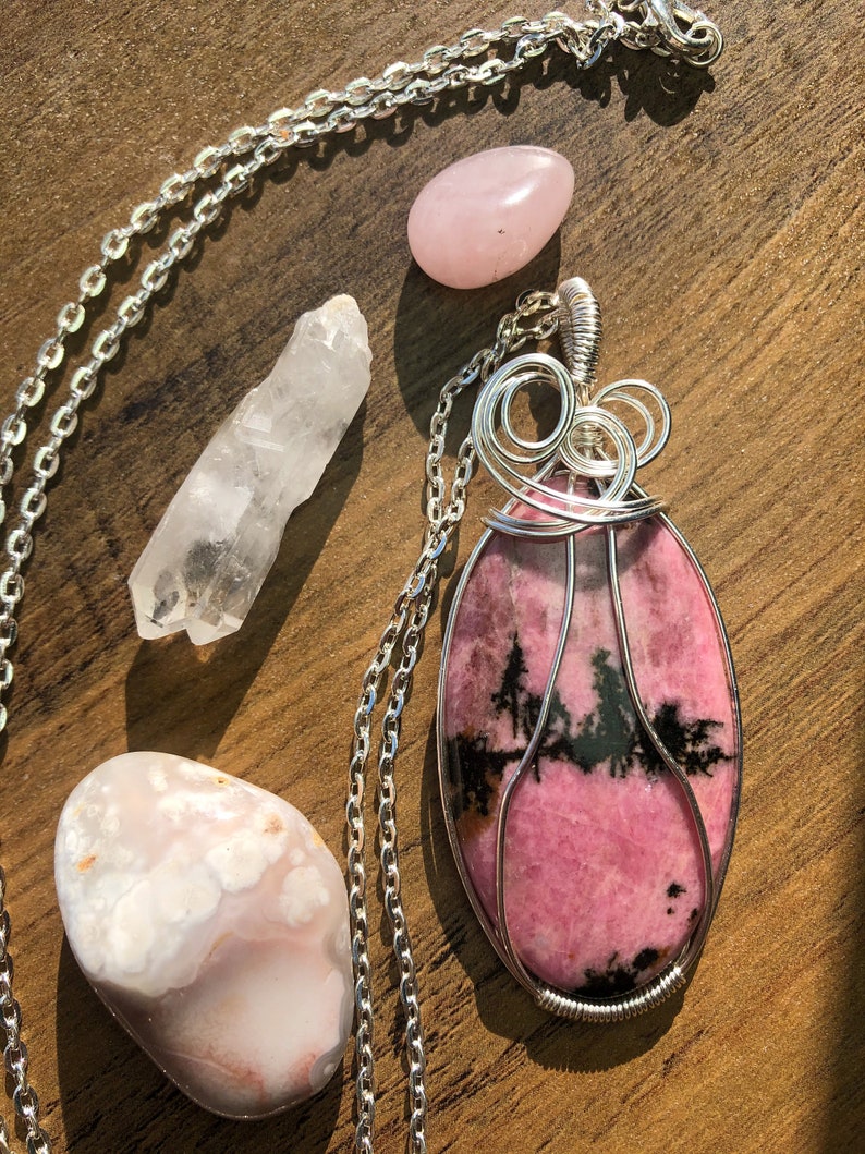 Wire Wrapped pendant Rhodonite Crystal necklace Crystal Healing