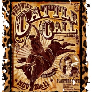 Puede incluir: Un cartel de estilo vintage que anuncia un evento "Cattle Call Rodeo". El cartel presenta a un vaquero montando un toro salvaje, con el texto "Cattle Call Rodeo" en letras grandes y estilizadas. El evento está programado para el 10 y 11 de noviembre.