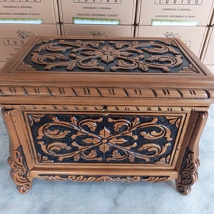 Large Handcarved Walnut Box with Lock: Wedding Keepsake Chest