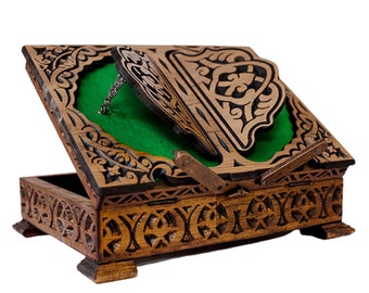 Carved Red Pine Prayer Book Box Lectern: Green Velvet Quran Holder