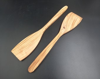 Olive Wood Curved Spatula Set- 2 pcs, Premium Cooking Utensils, Kitchen Spurtle Set, Wooden Turner, Spoons, Scraper, and Frying