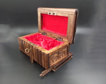 Hand Carved Walnut Puzzle Box with Secret Key: Vintage Jewelry Box