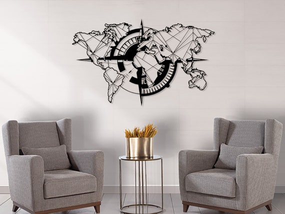 Metal World Map Wall Art: Compass Rose, Modern Home Decor