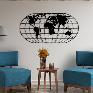 World Map Globe Black 3 pcs, Metal World Map, Modern Home Decor, Metal Wall Art, Housewarming Gift, Gift For Him, Carte Du Monde, Weltkarte