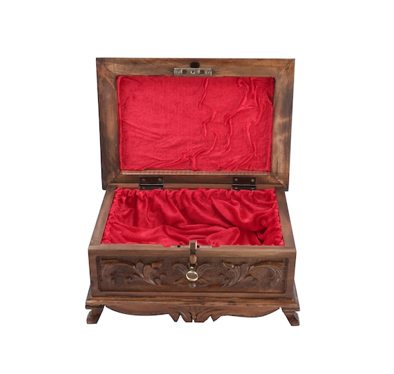 Handcarved Walnut Puzzle Box with Secret Key: Red Felt Lined Jewelry Treasure Chest