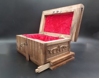 Caja de rompecabezas de nogal con llave secreta, caja de joyería vintage, caja mágica de cerradura oculta, regalo para ella, decoración del dormitorio, regalo de cumpleaños, caja tallada a mano