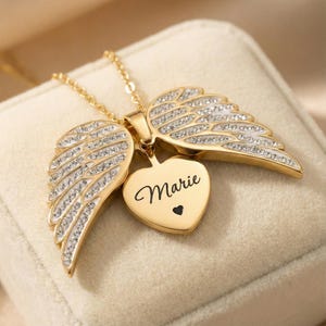 Personalized Angel Wing Necklace Set, Memorial Jewelry, Gold Silver Heart Pendant (Free Keychain) image 4