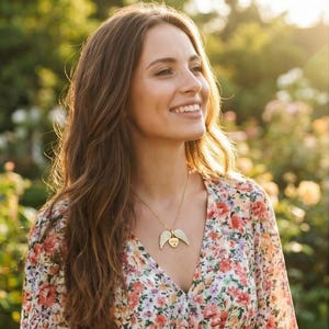 May include: A woman wearing a gold necklace with a heart-shaped pendant and angel wings. The pendant has a small heart in the center. She is wearing a floral print dress with a V-neck. The background is a garden with soft sunlight.