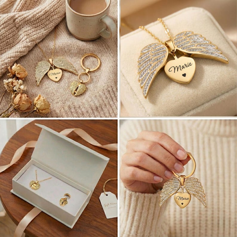 May include: Gold-toned jewelry set featuring a necklace, keychain, and ring. Each piece has a heart pendant with the name "Marie" and angel wing accents. The set is displayed in a white gift box and on a wooden surface.