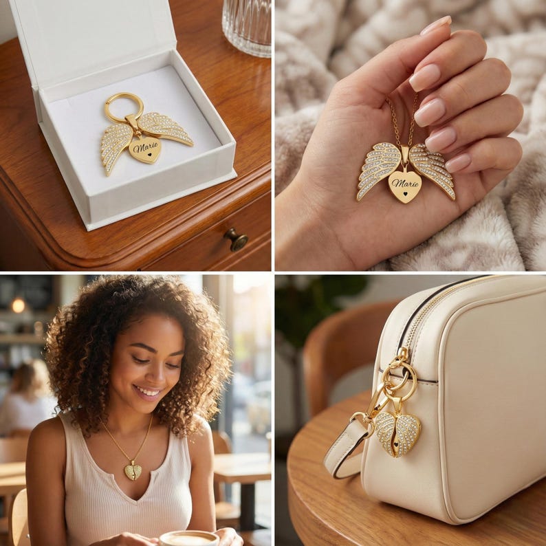 Personalized Angel Wing Necklace Set, Memorial Jewelry, Gold Silver Heart Pendant (Free Keychain) image 12