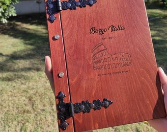 Wooden Menu Cover with Hinges / FREE Engraving / Menu Holder for Restaurants, Bars and Hotels, Waterproofed and color protected