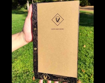 Handmade Wooden MENU Cover / MENU Holder for Restaurants, Wine Bars, Hotels Brass Screws logo ENGRAVING, Waterproofed and color protected