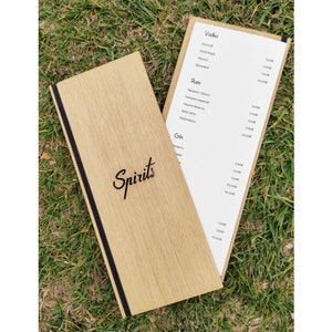 MENÚ de madera minimalista hecho a mano/grabado GRATUITO/soporte para MENÚ para restaurantes, bares de vinos, hoteles, resistente al agua y con protección del color