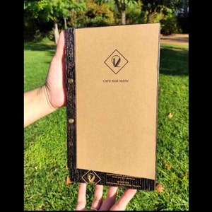 Handmade Wooden MENU Cover / MENU Holder for Restaurants, Wine Bars, Hotels Brass Screws logo ENGRAVING, Waterproofed and color protected