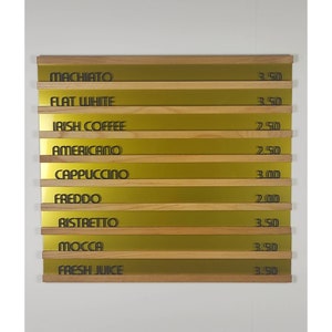 Placa de trilho de parede acrílica dourada de madeira, placa de letras mutável moderna, carvalho, menu de padeiro, conjunto de bordas de letras, suporte de menu de café, sinal de bar de café
