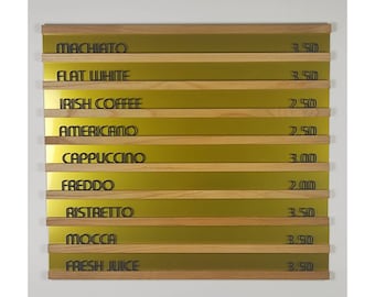 Wooden Golden Acrylic Wall Rail Board, Modern Changeable Letter Board, Oak, Baker Menu, Letter Ledges Set, Cafe Menu Holder, Coffee Bar Sign