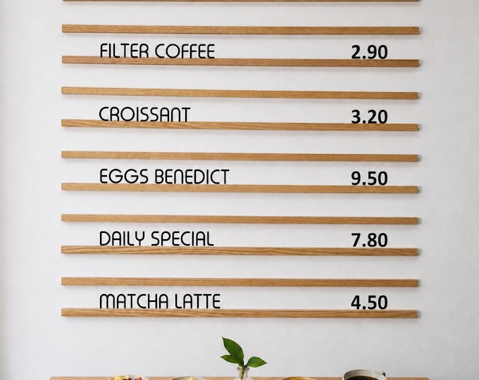 Featured listing image: Hanging Price Sign, Coffee Bar Wall Menu, Changeable Letter Board, Cafe Menu Holder, Bakery Menu, Real Oak or Walnut, No Drill