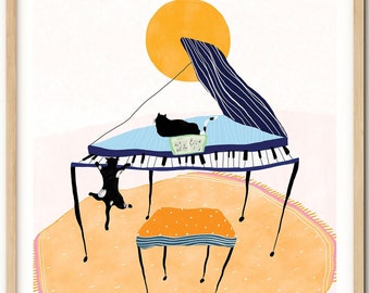 Descarga la impresión artística de piano con 2 gatos para decoración de pared moderna, arte imprimible moderno de piano y gatos divertidos, regalos de arte de piano para amantes de los gatos