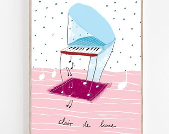 Arte moderno de piano para descargar al instante para decoración de pared moderna, arte de pared imprimible con piano, decoración de pared para guardería con piano musical, Clair de Lune Debussy
