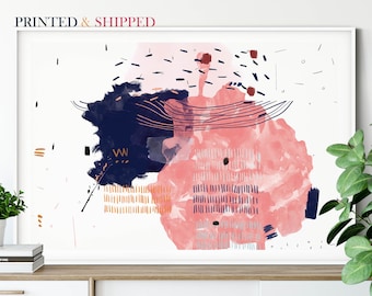 Pink And Navy Blue Abstract Wall Art Print, Modern Abstract Art Print, Blush Pink And Navy Blue Watercolor Art Prints For Living Room