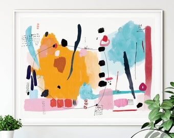 May include: Abstract art print with a white background and colourful shapes in shades of orange, pink, blue, and red. The print features black lines and dots, and the text "High Quality Modern Printable Art bekki Digital Download 26 Sizes".