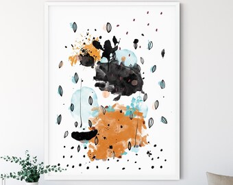 Abstract Watercolor Printable Wall Art, Modern Abstract Black And Orange Watercolor Printable Art,Instant Downloadble Digital Watercolor Art