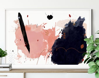 Modern Abstract Art Print, Digital Watercolor Abstract Painting Print, Blush Pink And Dark Blue Print, Modern Abstract Wall Art Poster Print