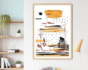 May include: Abstract art print in a wooden frame with black, white, brown, and yellow paint strokes. The print features a geometric design with a black and white polka dot pattern.