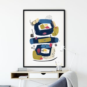 Moderne abstracte printkunst, marineblauwe en chartreuse groene kunstdruk, moderne marineblauwe abstracte muurkunstdruk, grote moderne abstracte poster