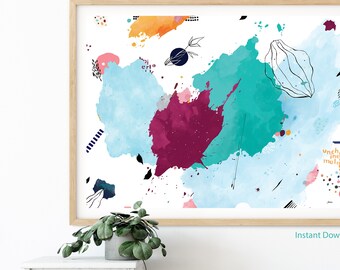 May include: Abstract art print featuring a colorful watercolor design with splashes of blue, teal, pink, and burgundy. The print has a white background and includes black lines and shapes.