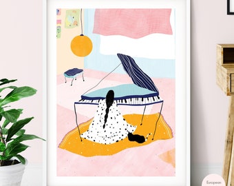Descargar Impresión artística de chica al piano con un gato para decoración de pared moderna, arte de pared imprimible de piano y gato, póster de piano de descarga instantánea