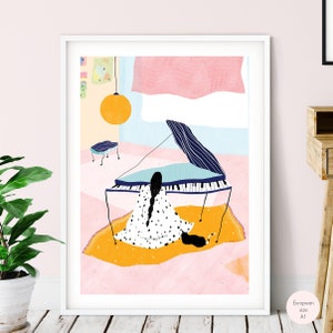 Download Girl at Piano With a Cat Art Print For Modern Wall Art Decor, Piano and Cat Printable Wall Art, Instant Download Piano Poster