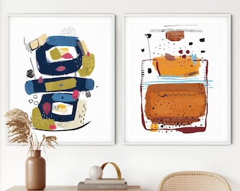 Set of 2 Downloadble Modern Abstract Art For Modern Home Wall Art Decor, Set Of 2 Burnt Orange And Navy Blue Wall Art