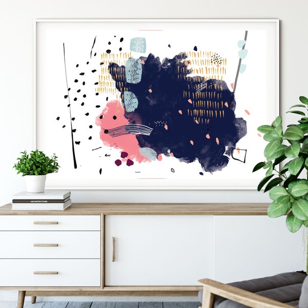 Navy Blue And Pink Printable Wall Art,Blush Pink And Navy Blue Instant Download Printable Art, Pink Navy Abstract Digital Art Download