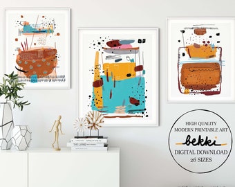 Burnt Orange And Teal Printable Set Of 3 Abstract Wall Art For Modern Living Room Wall Decor