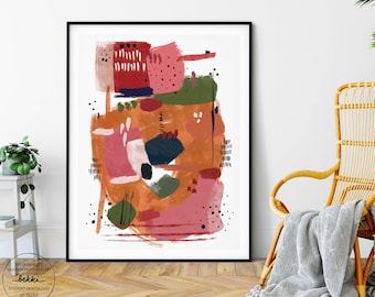 May include: Abstract art print with a colourful design featuring shades of red, orange, pink, green, and black. The print has a modern and abstract style.