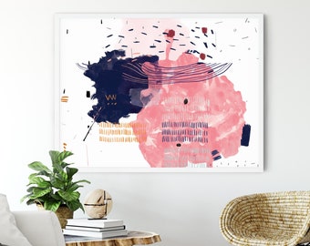 Navy Blue And Pink Printable Wall Art,Blush Pink And Navy Blue Instant Download Printable Art, Pink Navy Abstract Digital Art Download
