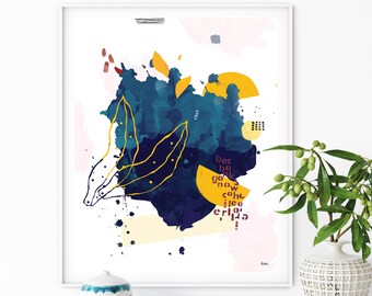 Instant Download moderne abstracte kunst, blauwe en gele abstracte afdrukbare kunst, kleurrijke abstracte kunstdruk, woonkamer Wall Art Print