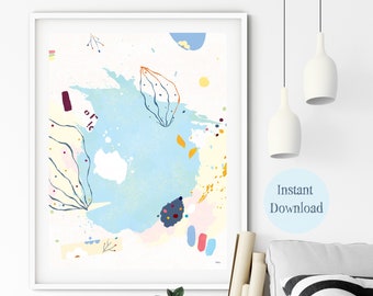 May include: Abstract art print featuring a blue, yellow, pink, and white colour scheme. The print depicts a large blue splatter with abstract shapes and lines in various colours.