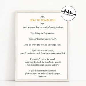 May include: A white printable download instructions sign with black text. The sign says "How to Download" and includes instructions on how to download printable files after purchasing from Etsy.