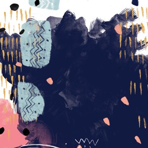 May include: Abstract art print featuring a blue, pink and gold colour scheme. The print incorporates a variety of shapes and textures, including brushstrokes, dots and lines.