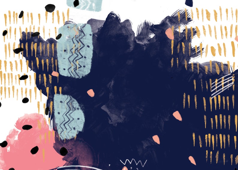 May include: Abstract art print featuring a blue, pink and gold colour scheme. The print incorporates a variety of shapes and textures, including brushstrokes, dots and lines.