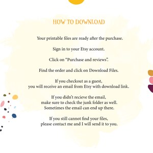Puede incluir: Un fondo amarillo y blanco con texto que explica c&oacute;mo descargar archivos imprimibles despu&eacute;s de la compra en Etsy. El texto incluye instrucciones sobre c&oacute;mo encontrar el pedido y descargar los archivos, as&iacute; como qu&eacute; hacer si no recibi&oacute; el correo electr&oacute;nico.