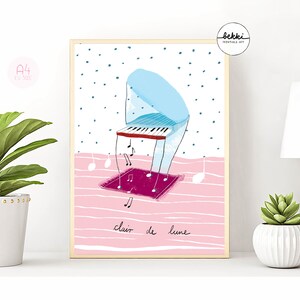 Puede incluir: Un piano azul y blanco con el texto "clair de lune" sobre un fondo rosa con lunares azules. El piano est&aacute; sobre una alfombra roja con notas musicales alrededor.