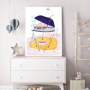 May include: A colorful illustration of a piano with a purple and pink seat on a yellow rug. The piano is surrounded by pink and white stripes and a blue and white striped wall.